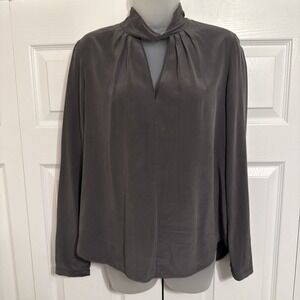 Go Silk 100% Silk Blouse Gray Long Sleeve Size M Feminine Luxe Keyhole Neck Band